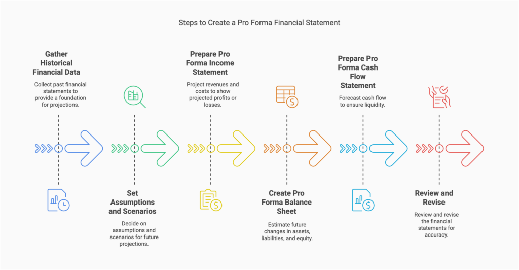 Infographic showing six steps to create a pro forma financial statement: Gather Historical Financial Data, Set Assumptions and Scenarios, Prepare Pro Forma Income Statement, Create Pro Forma Balance Sheet, Prepare Pro Forma Cash Flow Statement, and Review and Revise.