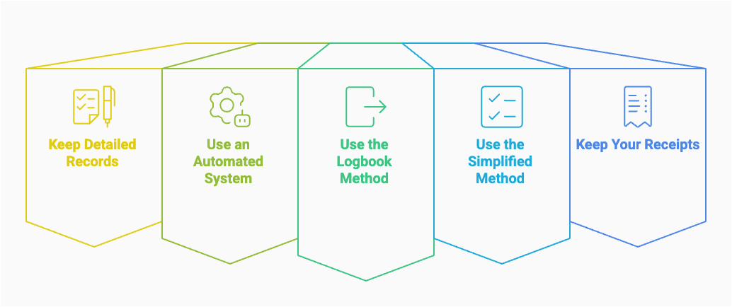 Graphic showing five tips for tracking expenses: Keep Detailed Records, Use an Automated System, Use the Logbook Method, Use the Simplified Method, and Keep Your Receipts.