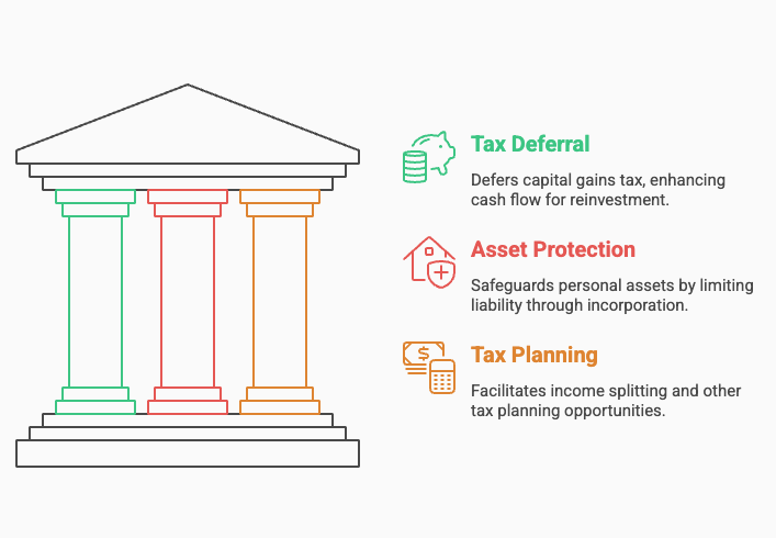 Three pillars representing benefits of carrying out a section 85 rollover: Tax Deferral, Asset Protection, and Tax Planning, with associated icons and descriptions.