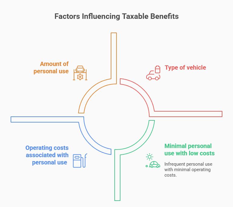 Infographic showing four key factors that influence taxable benefits for personal vehicle use: amount of personal use, type of vehicle, operating costs, and minimal use with low costs.