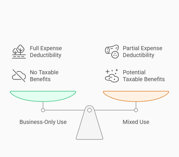 Scale graphic comparing business-only vehicle use with mixed use, highlighting full deductibility and no taxable benefits on one side, versus partial deductibility and potential taxable benefits on the other.