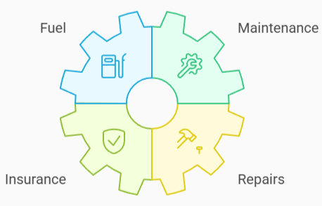 Illustration of a gear divided into four segments representing vehicle expenses: Fuel, Maintenance, Repairs, and Insurance.