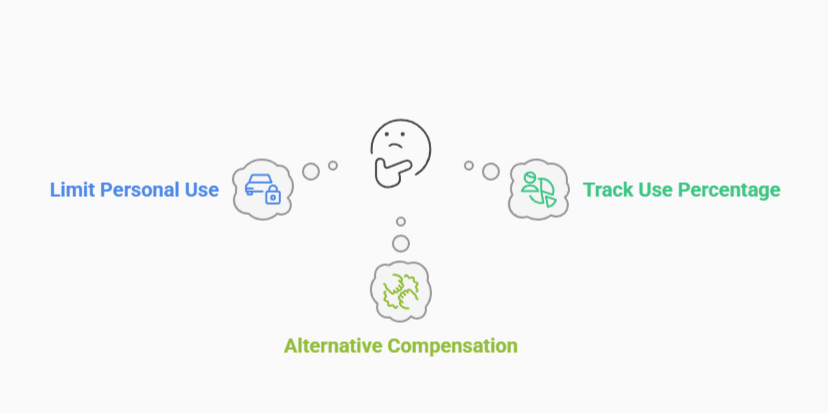 A person in the center thinking, with three surrounding thought bubbles. The left bubble says “Limit Personal Use” with a car and lock icon, the right says “Track Use Percentage” with a person and chart icon, and the bottom bubble says “Alternative Compensation” with a money symbol. The image represents decision-making strategies around vehicle use and compensation.
