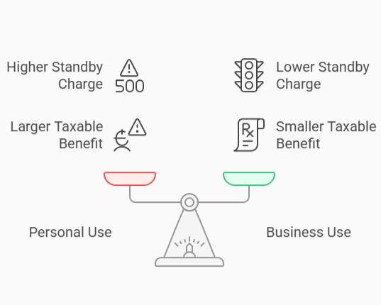 A balanced scale comparing personal and business vehicle use. The left side, labeled "Personal Use," is associated with higher standby charges and larger taxable benefits. The right side, labeled "Business Use," indicates lower standby charges and smaller taxable benefits. Various icons represent tax and vehicle-related impacts.