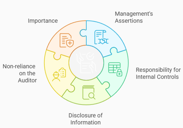 Puzzle-style diagram showing key elements of a management representation letter: importance, management's assertions, responsibility for internal controls, disclosure of information, and non-reliance on the auditor.