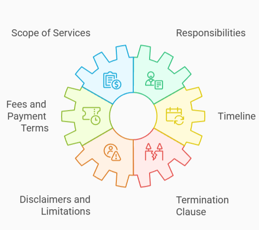 Illustration of engagement letter components displayed on gear segments, including scope of services, responsibilities, timeline, termination clause, disclaimers and limitations, and fees and payment terms.
