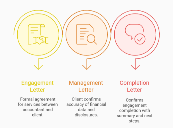 Visual showing three categories of client communication letters: Engagement Letter (yellow) for formal agreement between accountant and client; Management Letter (orange) confirming accuracy of financial data; and Completion Letter (red) summarizing engagement completion and next steps.