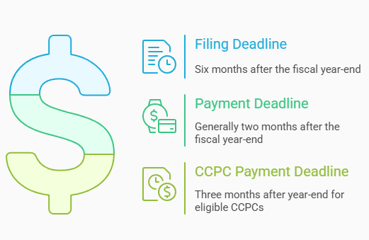 Graphic with corporate tax deadlines: Filing Deadline—six months after fiscal year-end, Payment Deadline—generally two months after year-end, CCPC Payment Deadline—three months after year-end for eligible CCPCs.