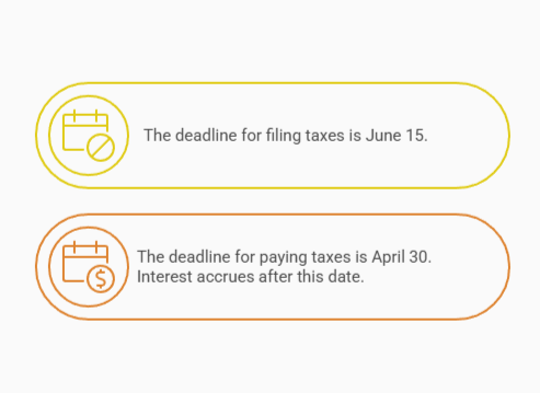 Tax deadline reminders: June 15 is the deadline for filing taxes, and April 30 is the payment deadline, after which interest accrues
